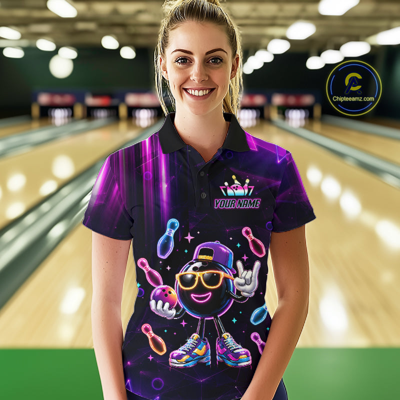 Woman wearing funny neon bowling ball bowling polo shirt front view.