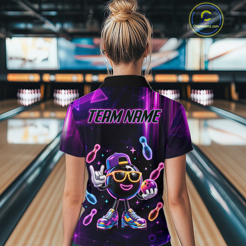 Woman wearing funny neon bowling ball bowling polo shirt back view.