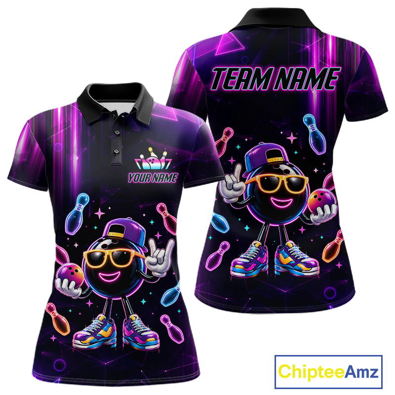 Funny neon bowling ball bowling team jersey polo shirt for women, custom bowling league apparel with colorful glowing bowling ball design.