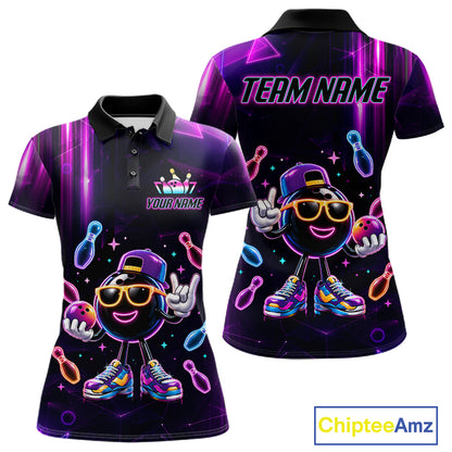 Funny neon bowling ball bowling team jersey polo shirt for women, custom bowling league apparel with colorful glowing bowling ball design.