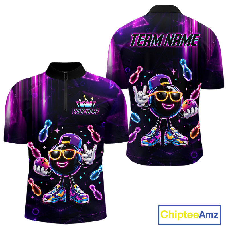 Funny neon bowling ball bowling team quarter zip shirt for men, custom bowling league jersey with neon bowling artwork.