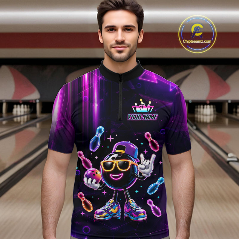 Man wearing funny neon bowling ball bowling quarter zip shirt front view.