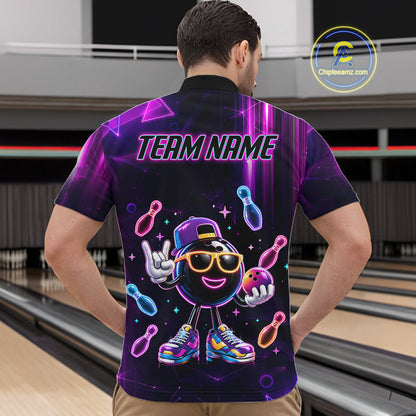Man wearing funny neon bowling ball bowling quarter zip shirt back view.