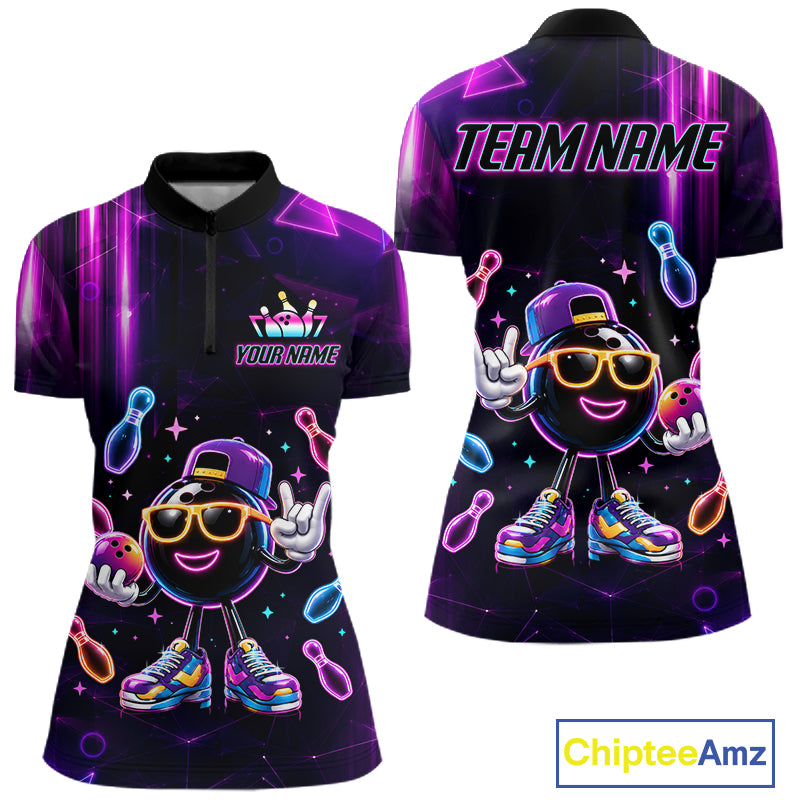 Funny neon bowling ball bowling team quarter zip shirt for women, custom bowling league jersey with neon bowling artwork.