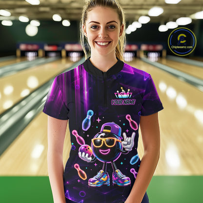 Woman wearing funny neon bowling ball bowling quarter zip shirt front view.