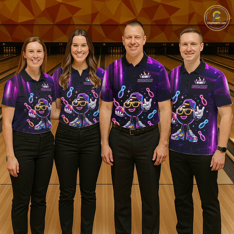 Bowling team wearing matching funny neon bowling ball bowling jerseys front view.