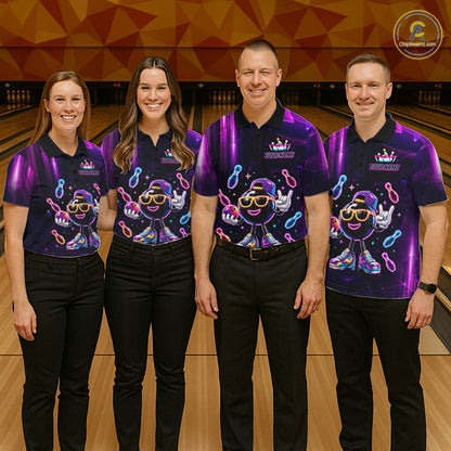 Bowling team wearing matching funny neon bowling ball bowling jerseys front view.