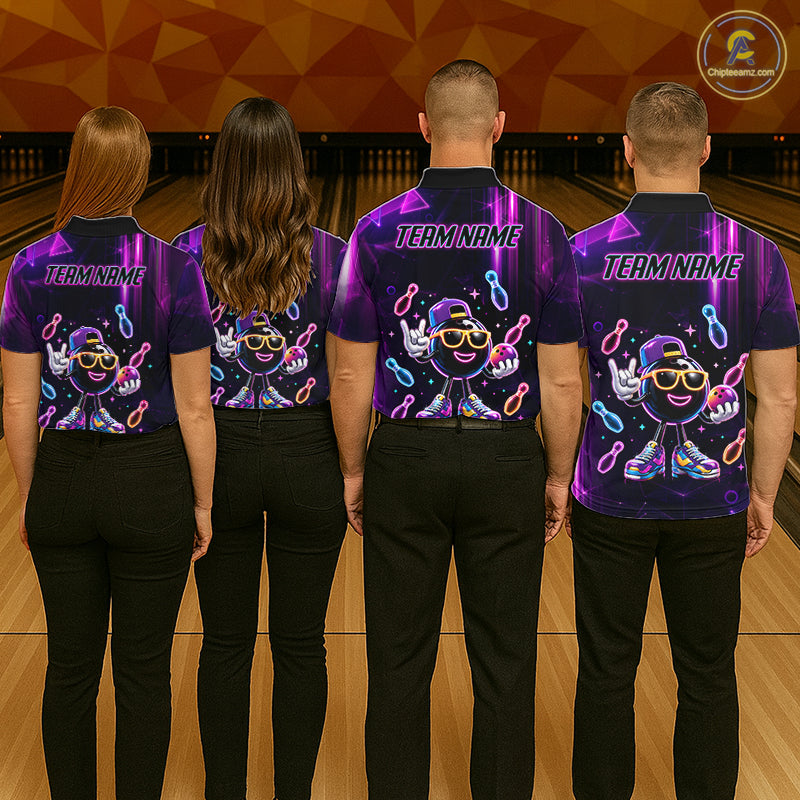 Bowling team wearing matching funny neon bowling ball bowling jerseys back view.