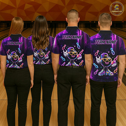 Bowling team wearing matching funny neon bowling ball bowling jerseys back view.