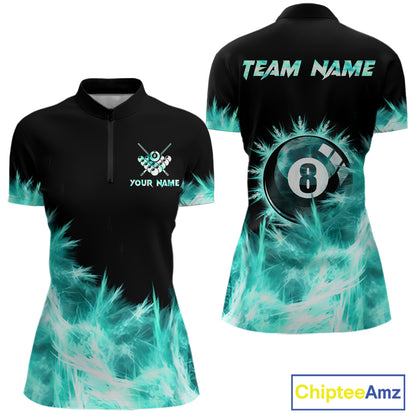 Turquoise Icy Light 8 Ball Pool Billiard Polo & 1/4 Zip For Women Custom Billiard Team Jerseys  TDM5689