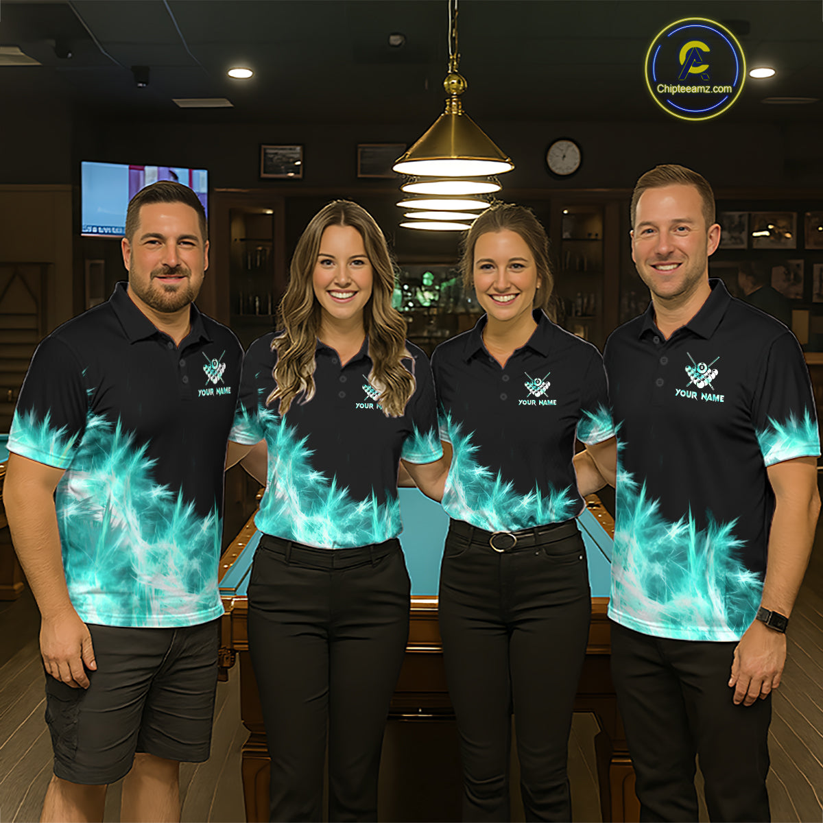 Turquoise Icy Light 8 Ball Pool Billiard Polo & 1/4 Zip For Men Custom Billiard Team Jerseys  TDM5689