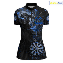 Load image into Gallery viewer, Custom Black And Blue Splatter Grim Reaper Women Darts Polo Shirt Cracked Dart Jerseys NYN2794
