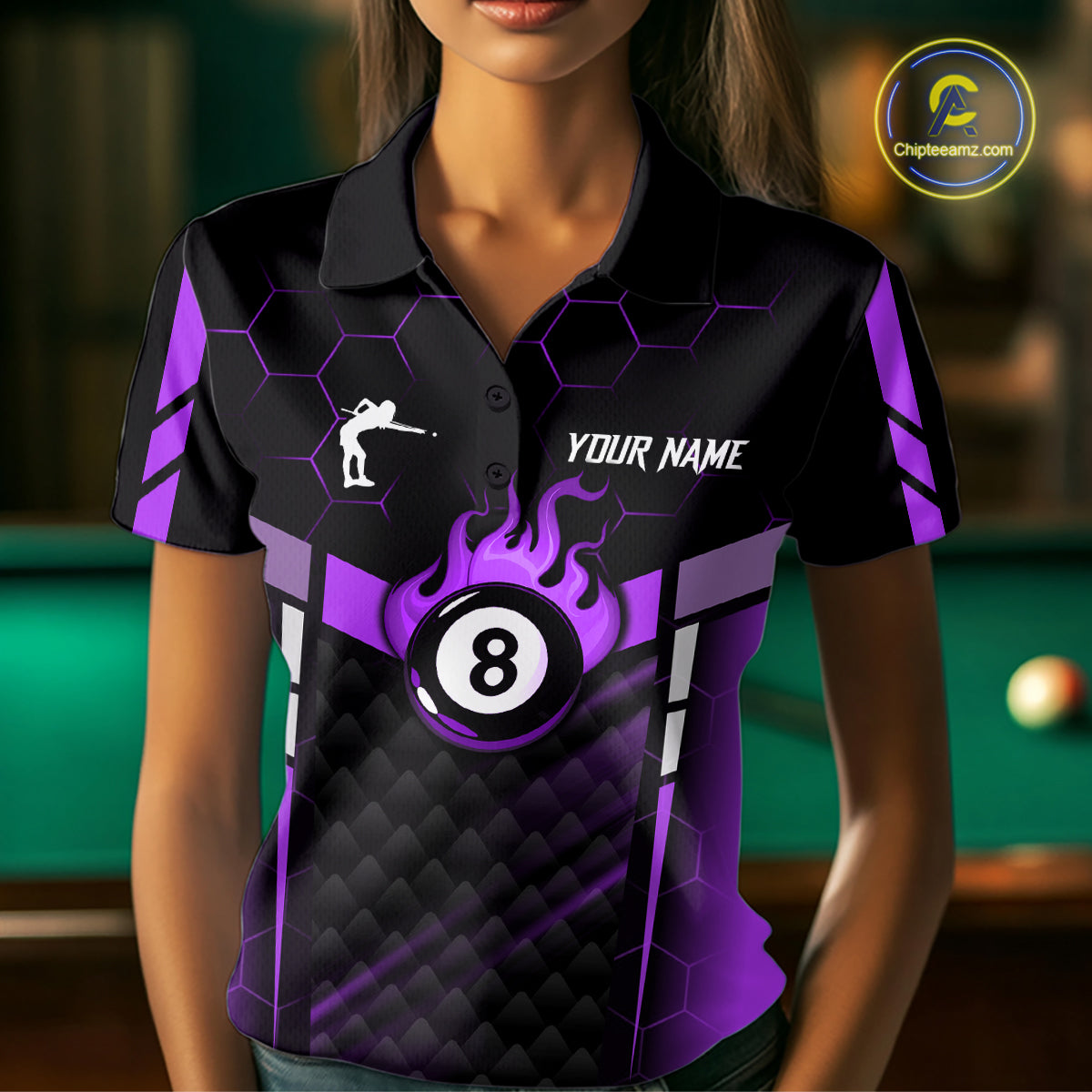 Personalized Purple 8 Ball Flame Billiard Polo & Quarter Zip For Women, 8 Ball Pool Team Jersey TDM6039