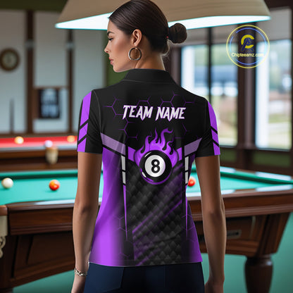 Personalized Purple 8 Ball Flame Billiard Polo & Quarter Zip For Women, 8 Ball Pool Team Jersey TDM6039
