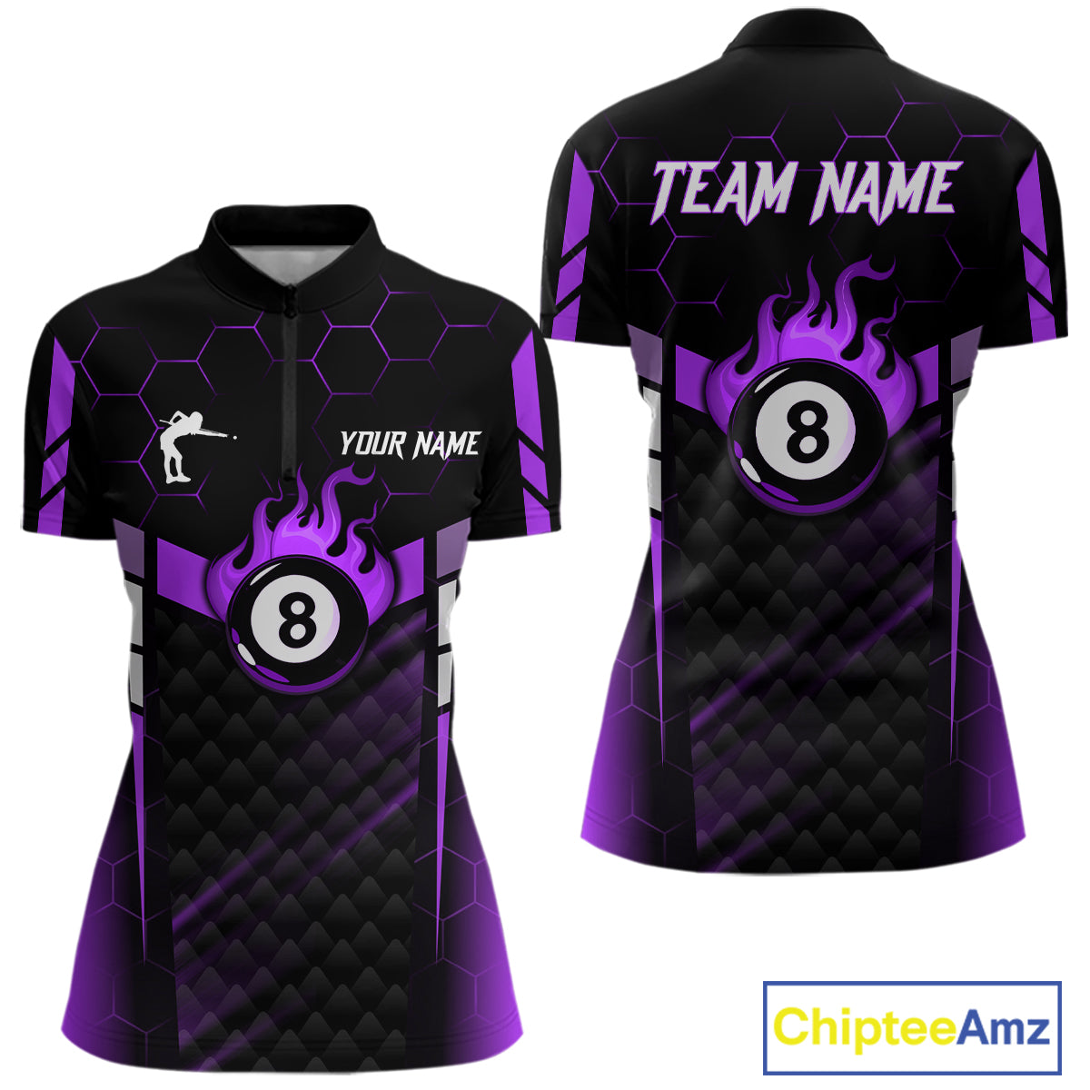 Personalized Purple 8 Ball Flame Billiard Polo & Quarter Zip For Women, 8 Ball Pool Team Jersey TDM6039