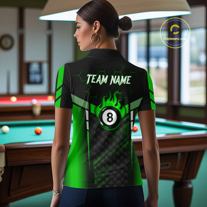 Personalized Green 8 Ball Flame Billiard Polo & Quarter Zip For Women, 8 Ball Pool Team Jersey TDM6040