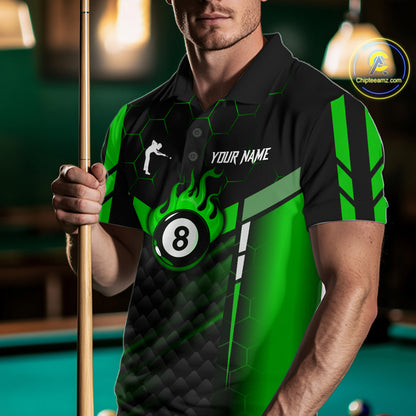 Personalized Green 8 Ball Flame Billiard Polo & Quarter Zip For Men, 8 Ball Pool Team Jersey TDM6040