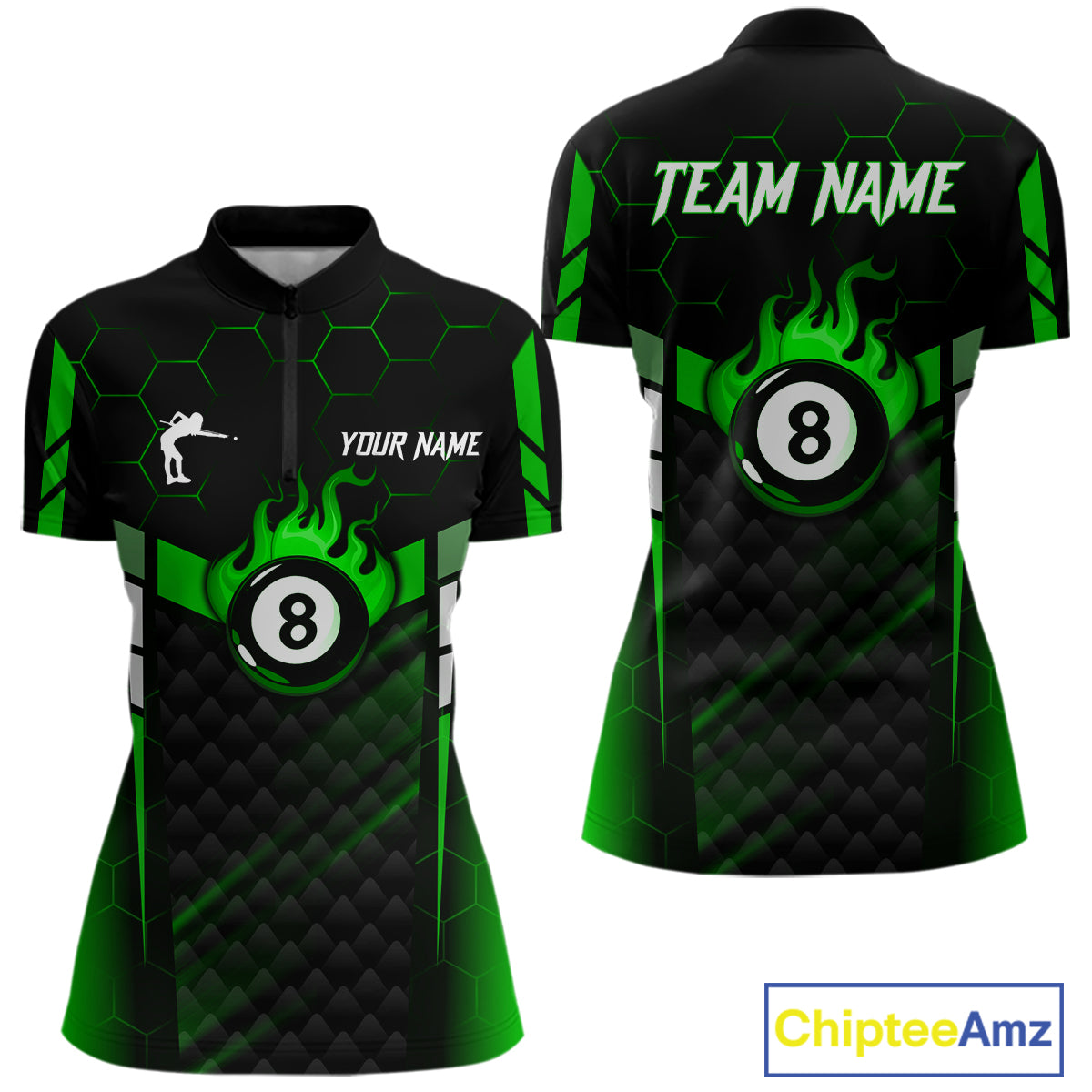Personalized Green 8 Ball Flame Billiard Polo & Quarter Zip For Women, 8 Ball Pool Team Jersey TDM6040