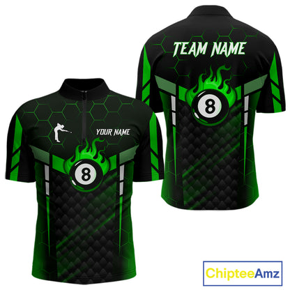 Personalized Green 8 Ball Flame Billiard Polo & Quarter Zip For Men, 8 Ball Pool Team Jersey TDM6040