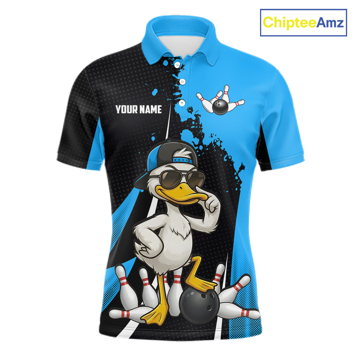 Custom Black And Blue Funny Duck Bowling Shirts For Men, Bowling Team Jersey Polo & 1/4 Zip TDM6292