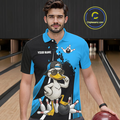 Custom Black And Blue Funny Duck Bowling Shirts For Men, Bowling Team Jersey Polo & 1/4 Zip TDM6292