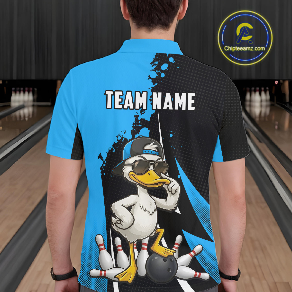 Custom Black And Blue Funny Duck Bowling Shirts For Men, Bowling Team Jersey Polo & 1/4 Zip TDM6292