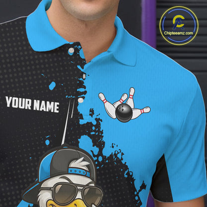 Custom Black And Blue Funny Duck Bowling Shirts For Men, Bowling Team Jersey Polo & 1/4 Zip TDM6292