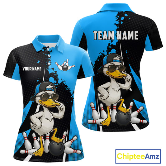 Custom Black And Blue Funny Duck Bowling Shirts For Women, Bowling Team Jersey Polo & 1/4 Zip TDM6292