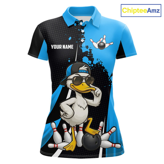 Custom Black And Blue Funny Duck Bowling Shirts For Women, Bowling Team Jersey Polo & 1/4 Zip TDM6292