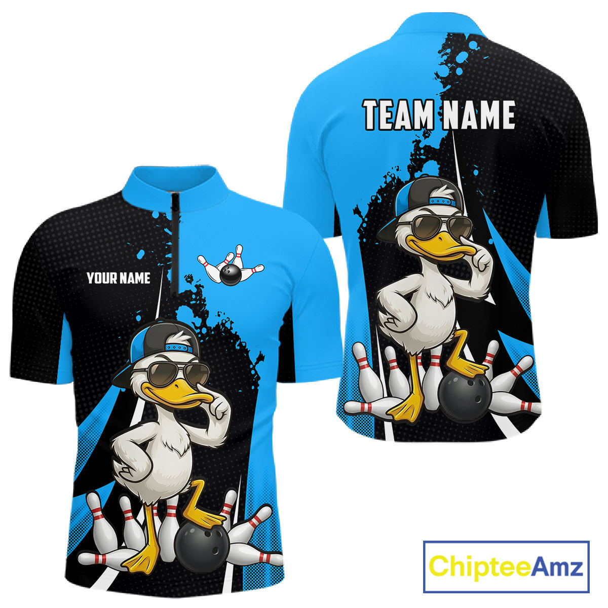 Custom Black And Blue Funny Duck Bowling Shirts For Men, Bowling Team Jersey Polo & 1/4 Zip TDM6292