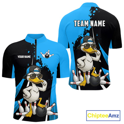 Custom Black And Blue Funny Duck Bowling Shirts For Men, Bowling Team Jersey Polo & 1/4 Zip TDM6292