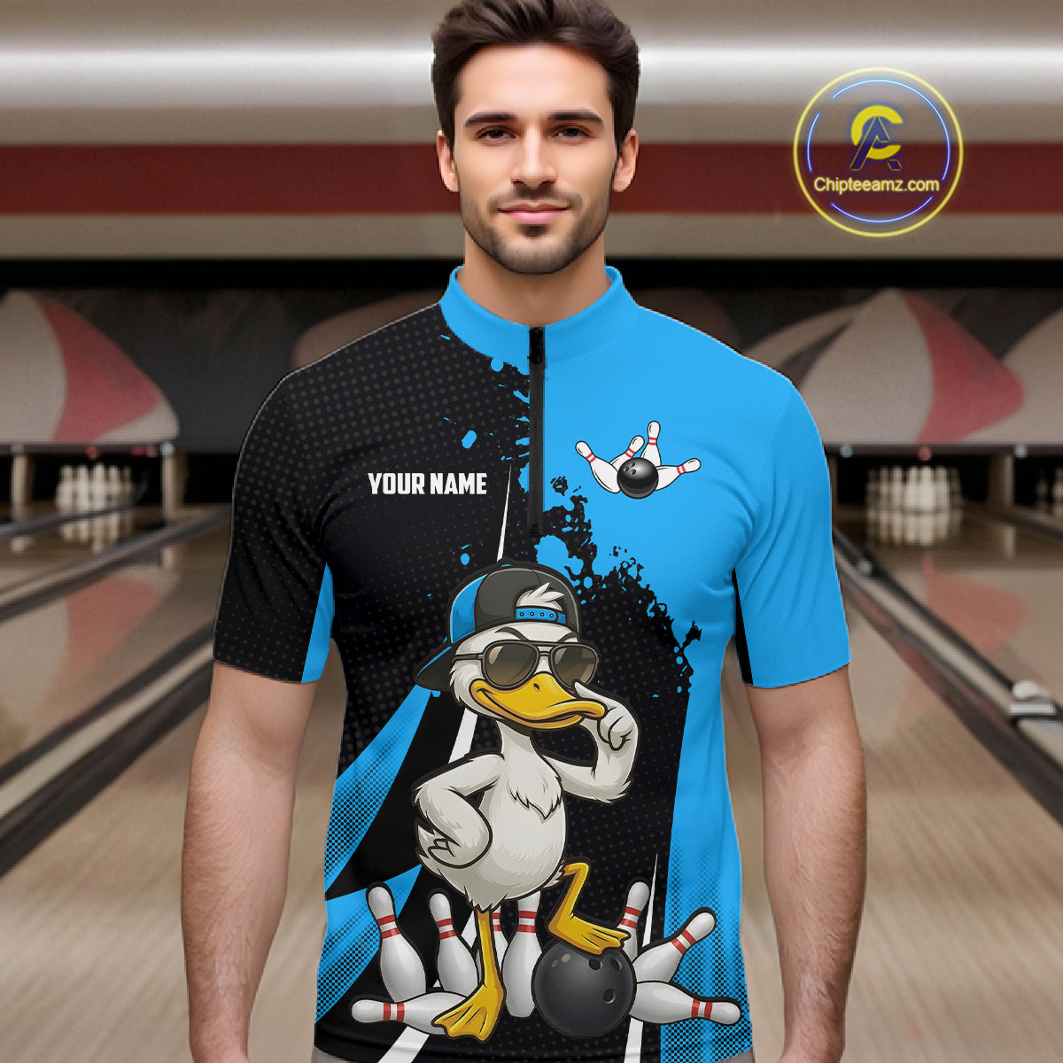 Custom Black And Blue Funny Duck Bowling Shirts For Men, Bowling Team Jersey Polo & 1/4 Zip TDM6292