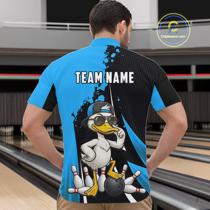 Custom Black And Blue Funny Duck Bowling Shirts For Men, Bowling Team Jersey Polo & 1/4 Zip TDM6292