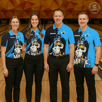 Custom Black And Blue Funny Duck Bowling Shirts For Women, Bowling Team Jersey Polo & 1/4 Zip TDM6292