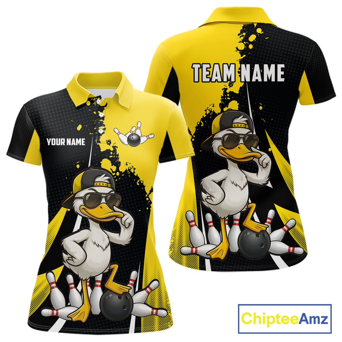 Custom Yellow Black Funny Duck Bowling Shirts For Women, Bowling Team Jersey Polo & 1/4 Zip TDM6293