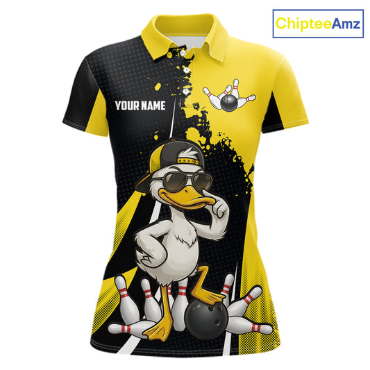 Custom Yellow Black Funny Duck Bowling Shirts For Women, Bowling Team Jersey Polo & 1/4 Zip TDM6293