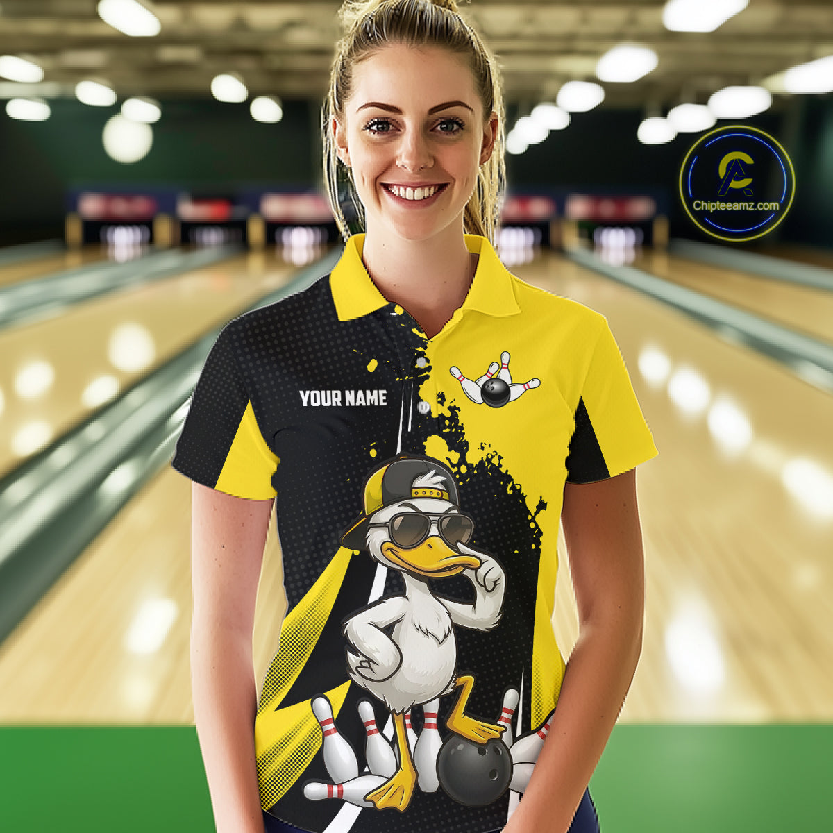 Custom Yellow Black Funny Duck Bowling Shirts For Women, Bowling Team Jersey Polo & 1/4 Zip TDM6293