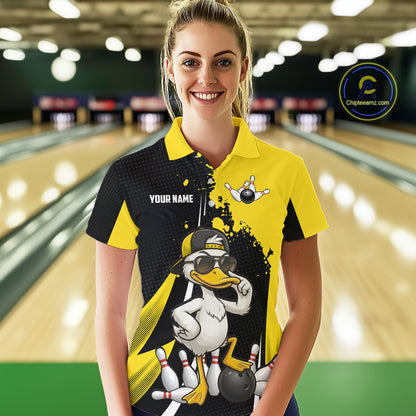 Custom Yellow Black Funny Duck Bowling Shirts For Women, Bowling Team Jersey Polo & 1/4 Zip TDM6293