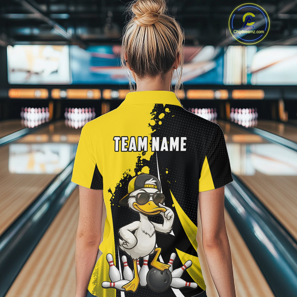 Custom Yellow Black Funny Duck Bowling Shirts For Women, Bowling Team Jersey Polo & 1/4 Zip TDM6293