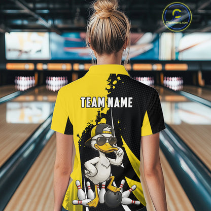 Custom Yellow Black Funny Duck Bowling Shirts For Women, Bowling Team Jersey Polo & 1/4 Zip TDM6293