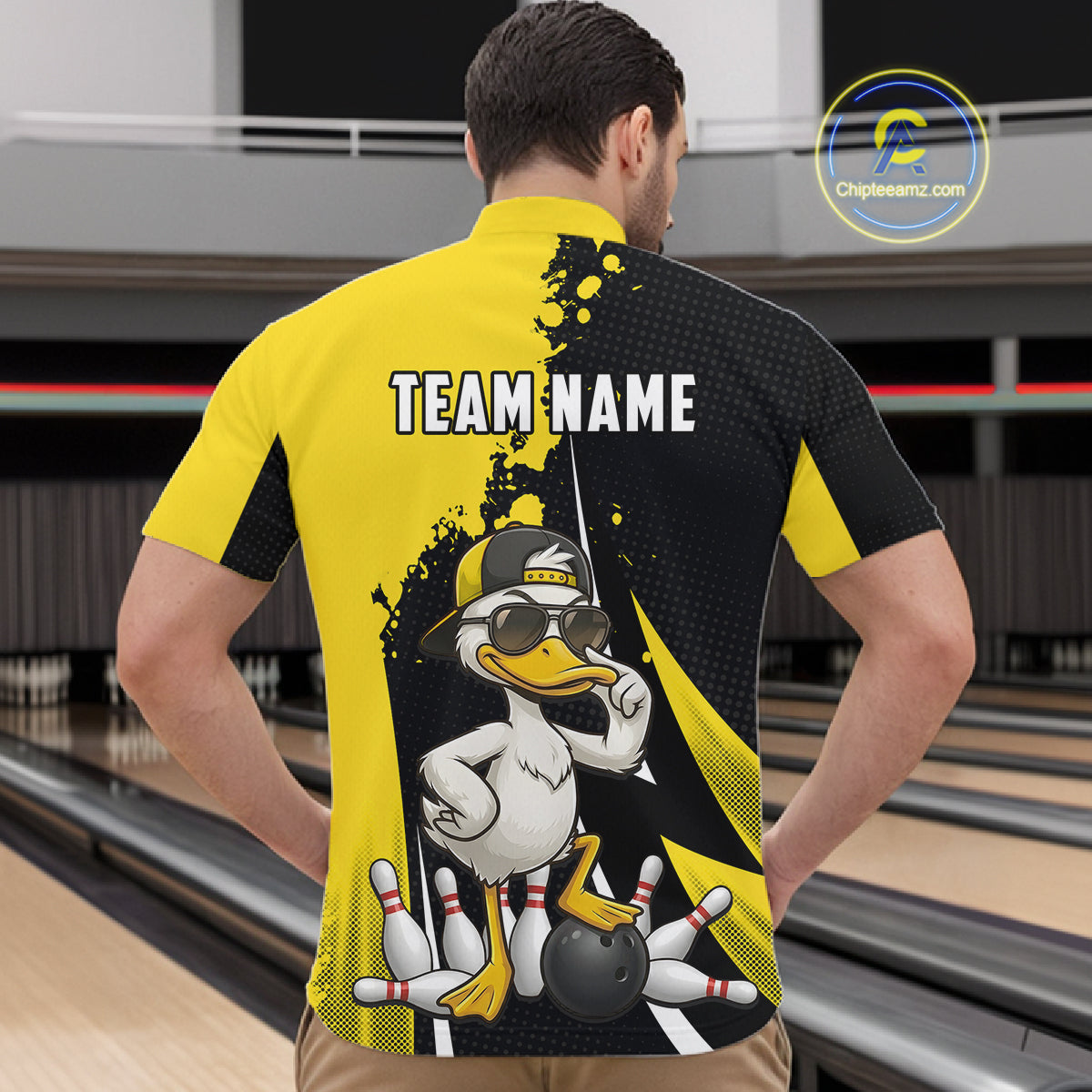 Custom Yellow Black Funny Duck Bowling Shirts For Men, Bowling Team Jersey Polo & 1/4 Zip TDM6293