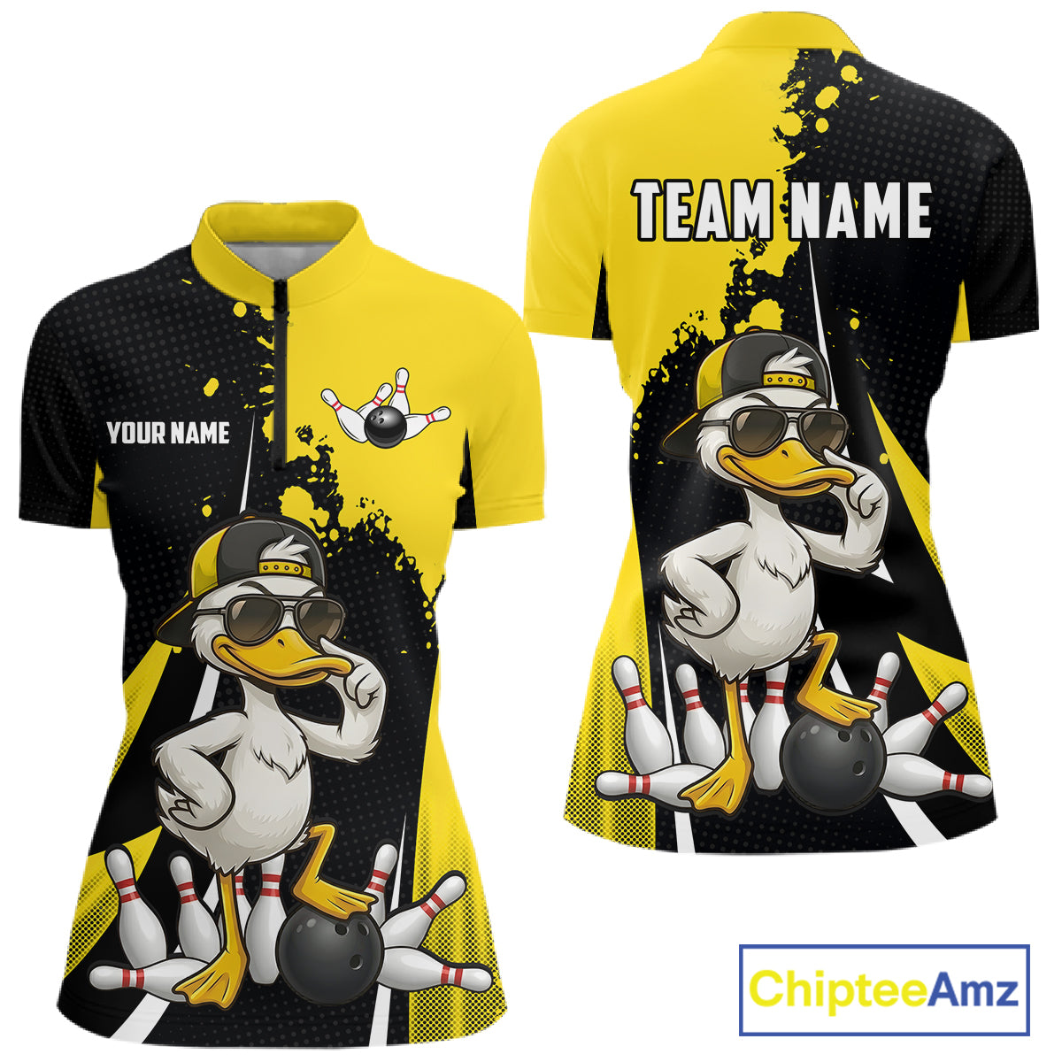 Custom Yellow Black Funny Duck Bowling Shirts For Women, Bowling Team Jersey Polo & 1/4 Zip TDM6293