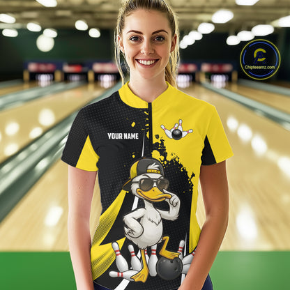 Custom Yellow Black Funny Duck Bowling Shirts For Women, Bowling Team Jersey Polo & 1/4 Zip TDM6293