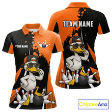 Load image into Gallery viewer, Custom Black And Orange Funny Duck Bowling Shirts For Women, Bowling Team Jersey Polo &amp; 1/4 Zip TDM6294