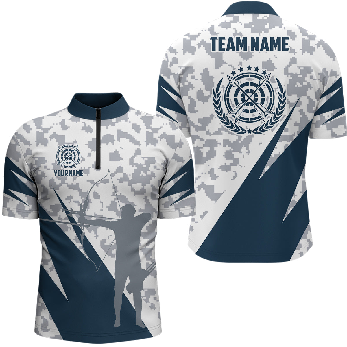 Blue Grey Digital Camo Archery Men Quarter-Zip Shirts Custom Team Name Archery Jerseys TDM0541