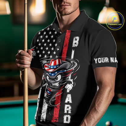 Funny Tornado US Flag 8 Ball Billiard Shirt For Men Custom Pool Team Jersey Polo & Quarter Zip TDM6049