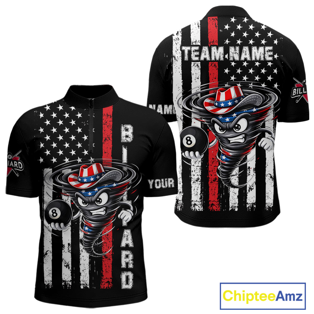 Funny Tornado US Flag 8 Ball Billiard Shirt For Men Custom Pool Team Jersey Polo & Quarter Zip TDM6049