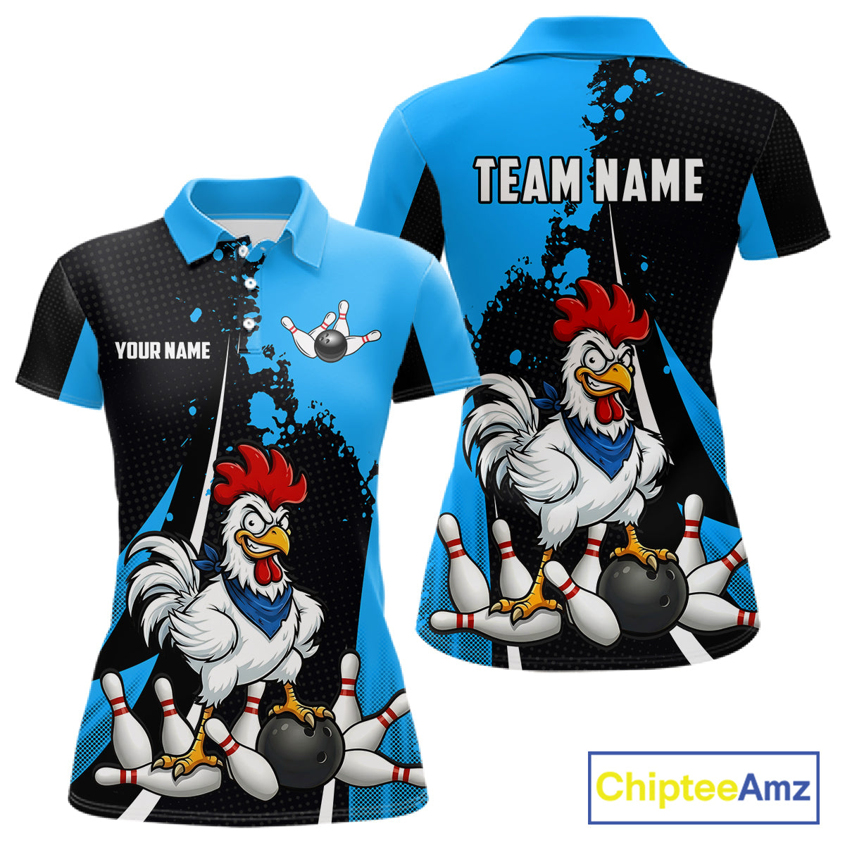Custom Black And Blue Funny Chicken Bowling Shirts For Women, Bowling Team Jersey Polo & 1/4 Zip TDM6301