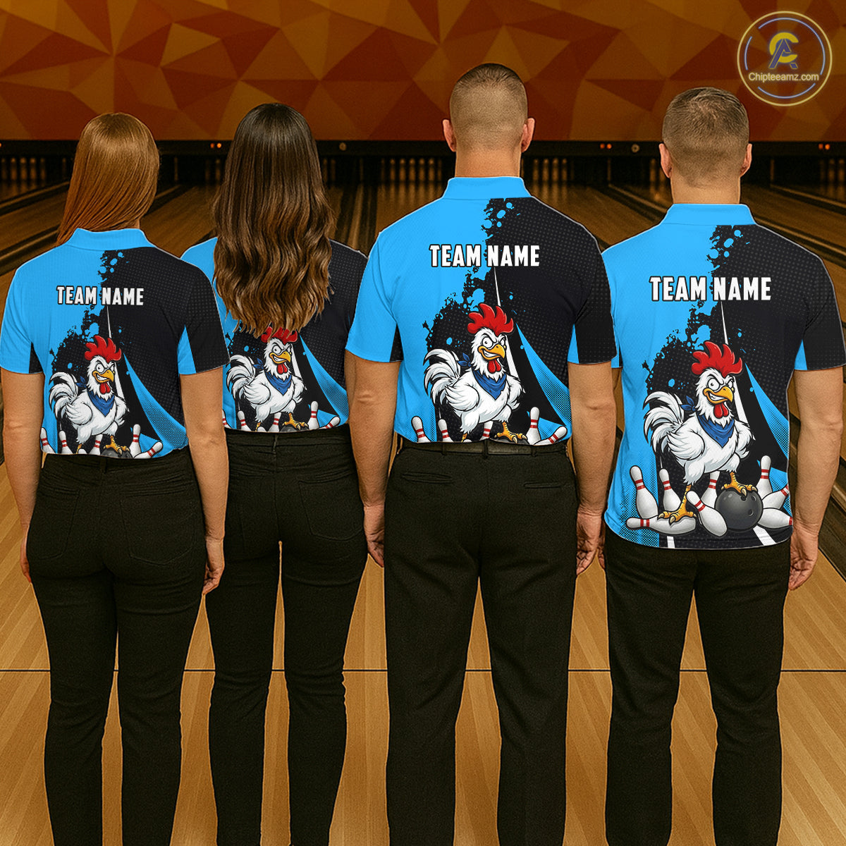 Custom Black And Blue Funny Chicken Bowling Shirts For Women, Bowling Team Jersey Polo & 1/4 Zip TDM6301