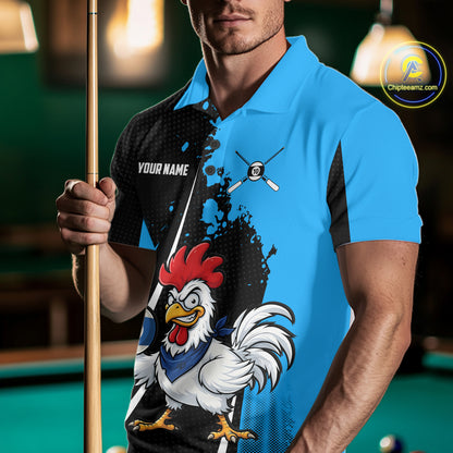 Black And Blue Funny Chicken 10 Ball Billiard Shirt For Men Custom Pool Team Jersey Polo & 1/4 Zip TDM6302